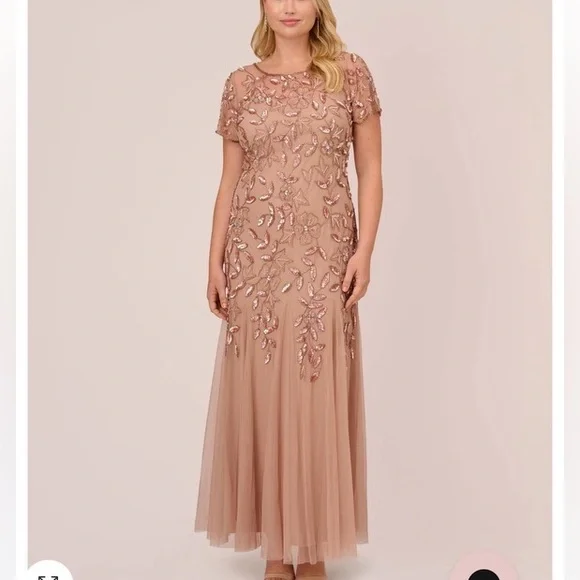 adrianna papell dress rose gold Pleated Plunge in Gold